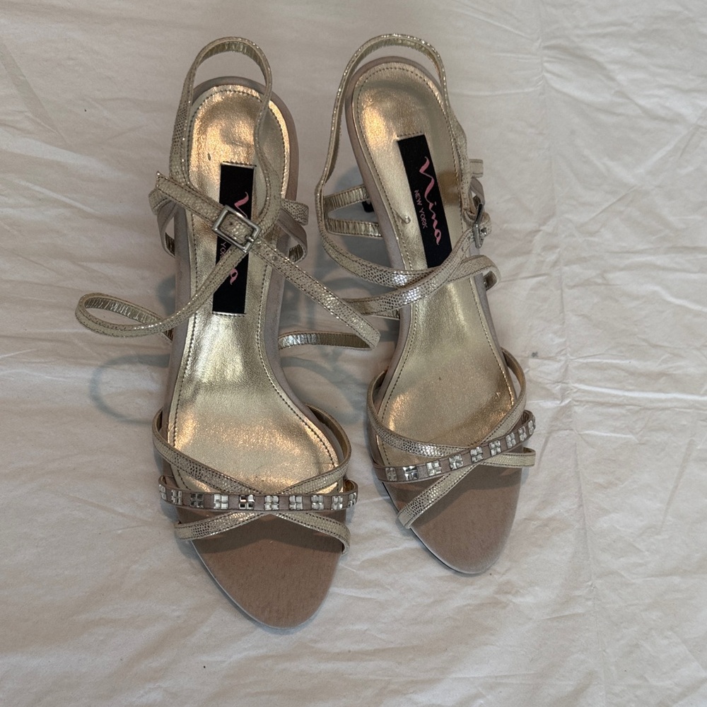 Nina NY Metallic Strappy Heels 6.5